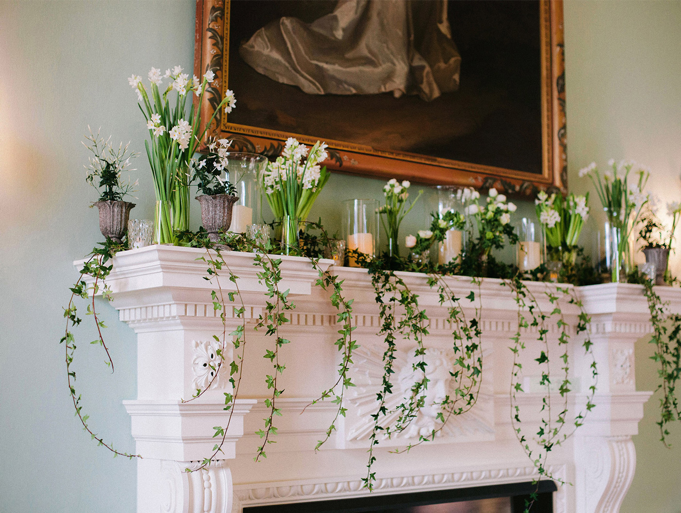 Floral decor on fireplace for wedding
