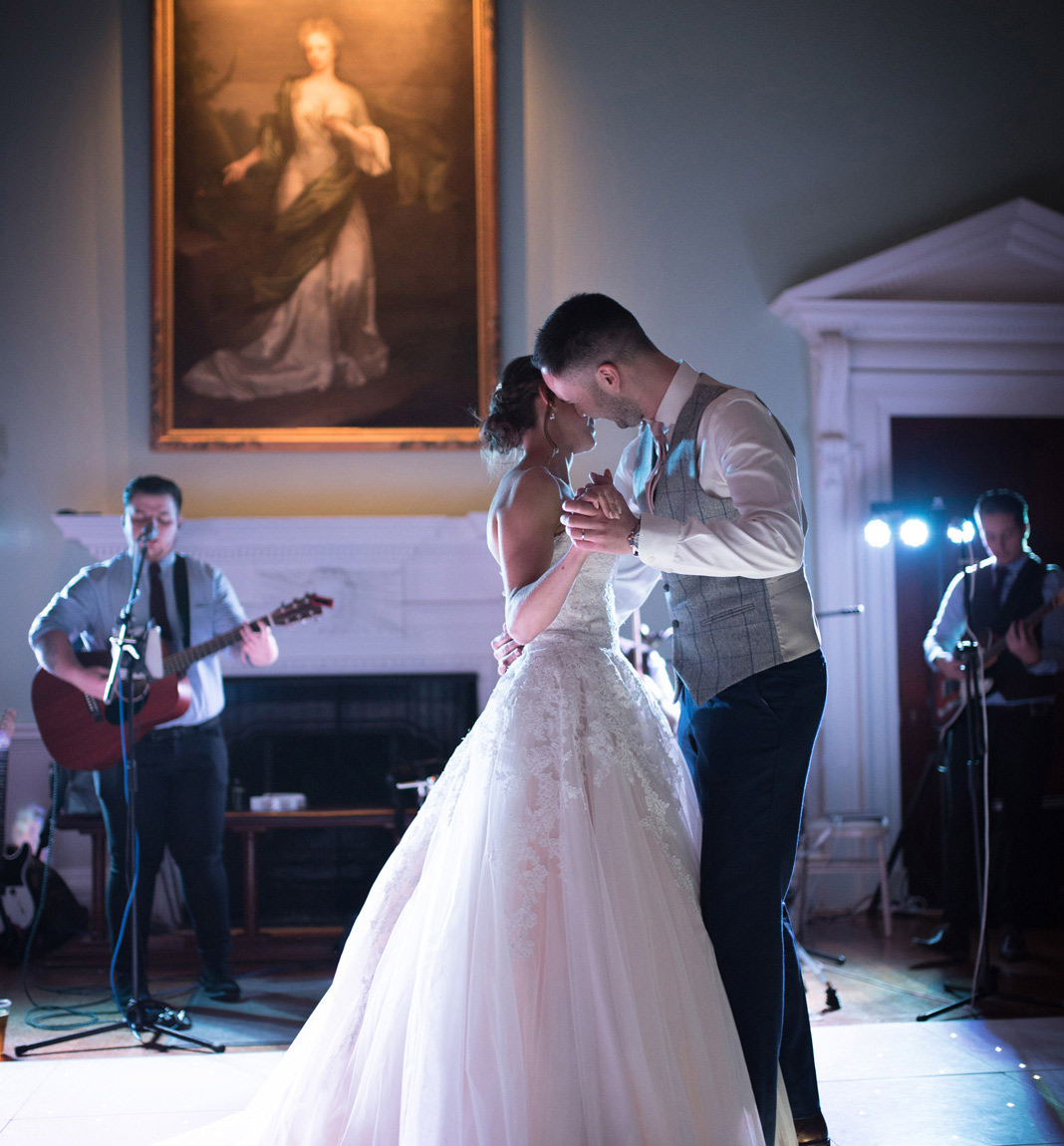 Wedding couple evening reception at Kirtlington Park country house in Oxfordshire